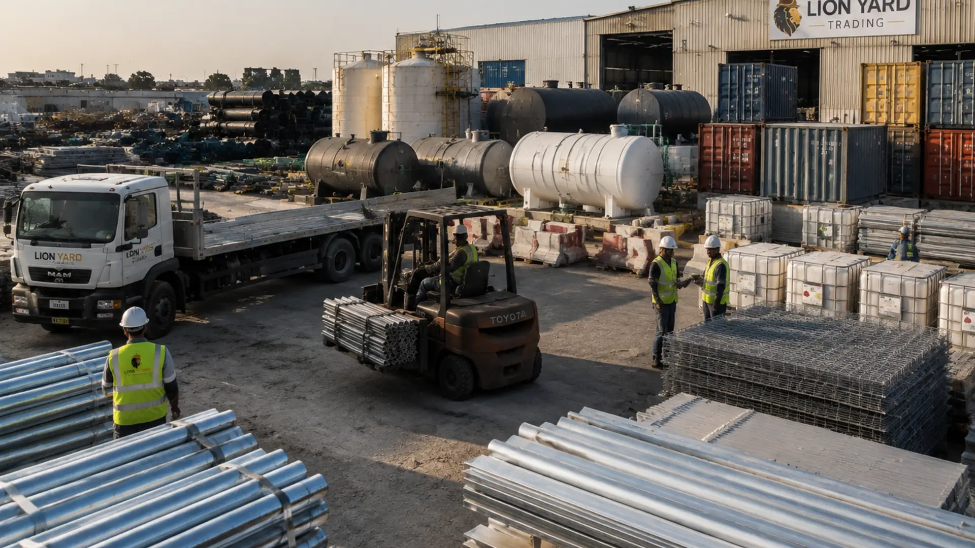 Industrial products loaded and staged for supply in a warehouse yard