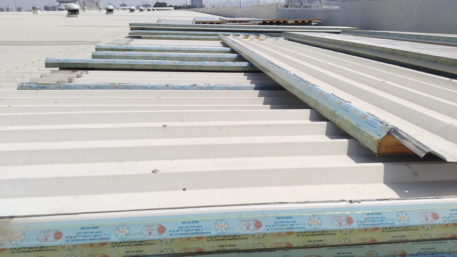 Insulated sandwich panels stacked in the yard